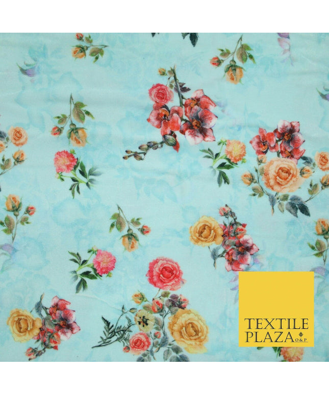 Light Blue Floral Printed Soft Micro Velvet Velour Non Stretch Fabric Dress 5243