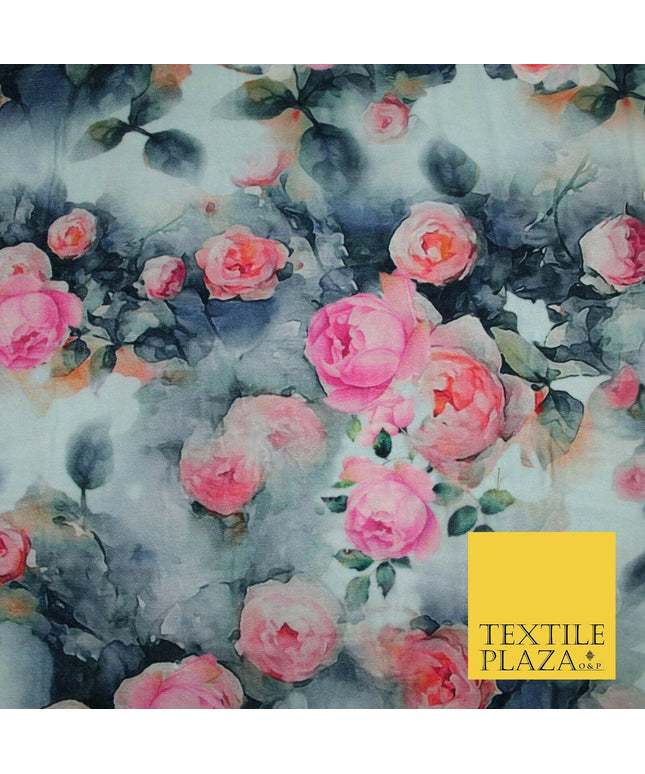 Silver Pink Floral Printed Soft Micro Velvet Velour Non Stretch Fabric Dress5245