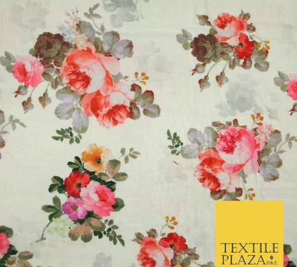 Ivory Cream Floral Printed Soft Micro Velvet Velour Non Stretch Fabric Dress5250