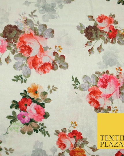 Ivory Cream Floral Printed Soft Micro Velvet Velour Non Stretch Fabric Dress5250