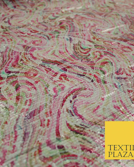 Pink Wacky Artsy Digital Print Soft Georgette All Over Sequin Fabric 44" 5253