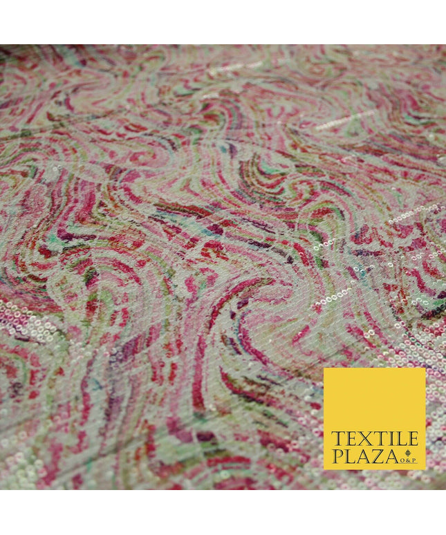 Pink Wacky Artsy Digital Print Soft Georgette All Over Sequin Fabric 44" 5253