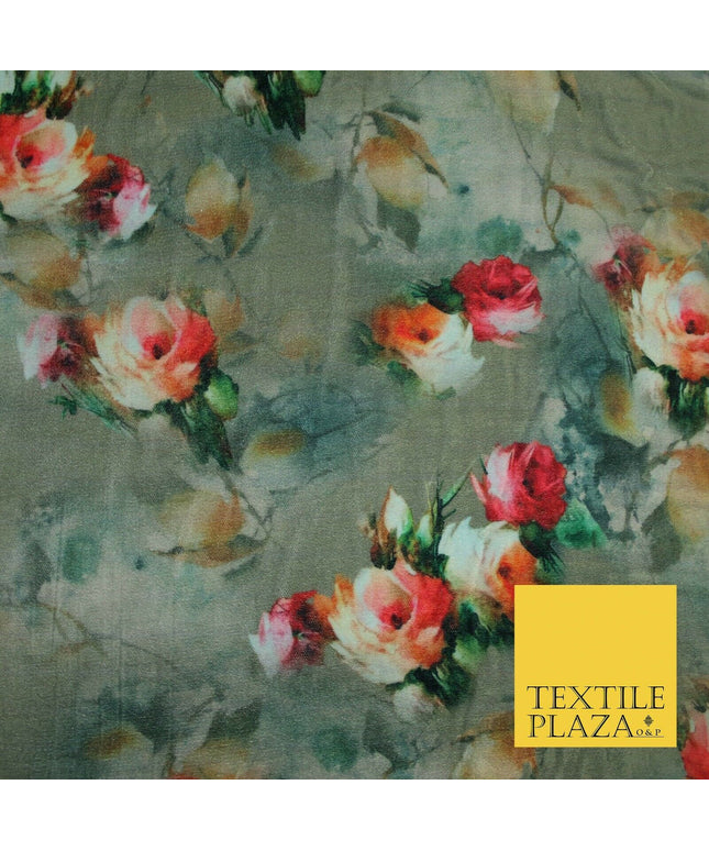 Floral Roses Printed Soft Micro Velvet Velour Non Stretch Fabric Dress 43" 5242