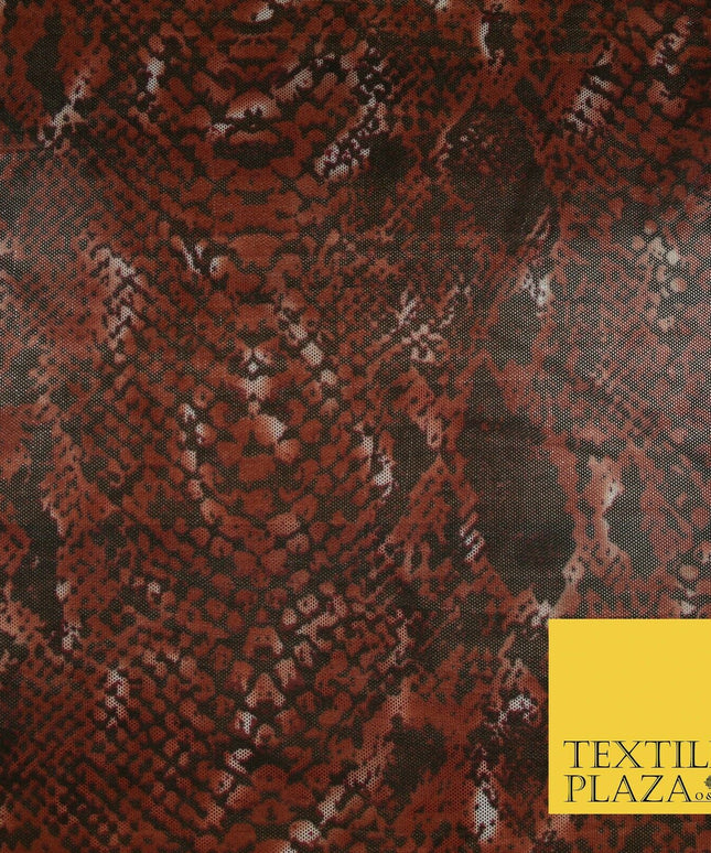 Deep Rust Brown Snake Skin Animal Print Power Mesh Net Stretch Dress Fabric 5257