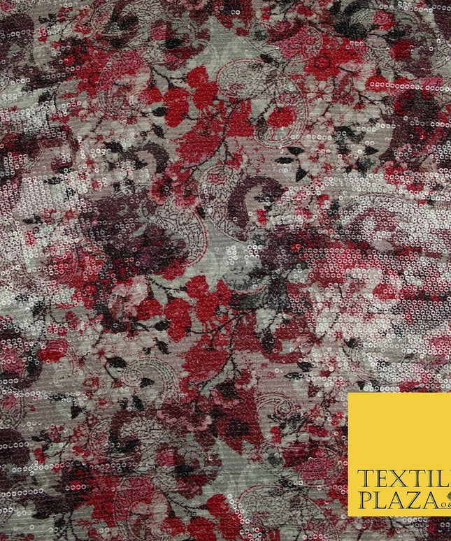 Quirky Floral Swirl Digital Print Soft Georgette All Over Sequin Fabric 44" 5252