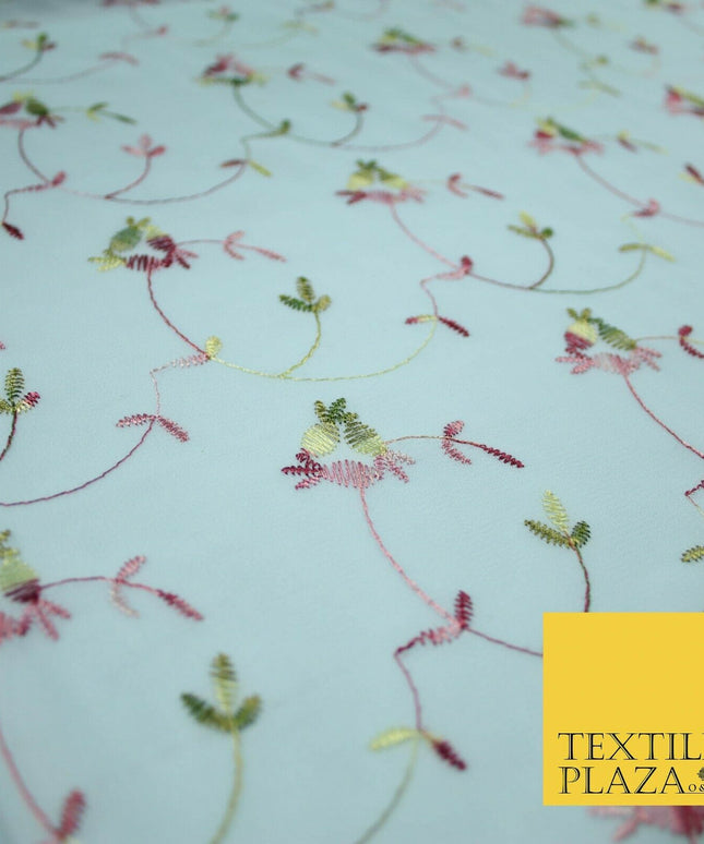 Sky Blue Floral Multi Thread Embroidered Georgette Dress Fabric Fancy 55" 5279