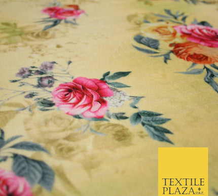 Lemon Gold Floral Printed Soft Micro Velvet Velour Non Stretch Fabric Dress 5246