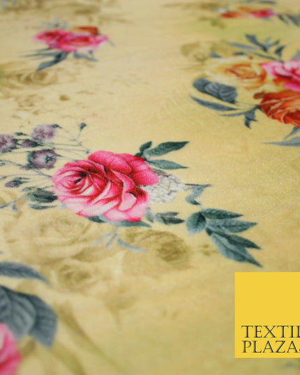 Lemon Gold Floral Printed Soft Micro Velvet Velour Non Stretch Fabric Dress 5246