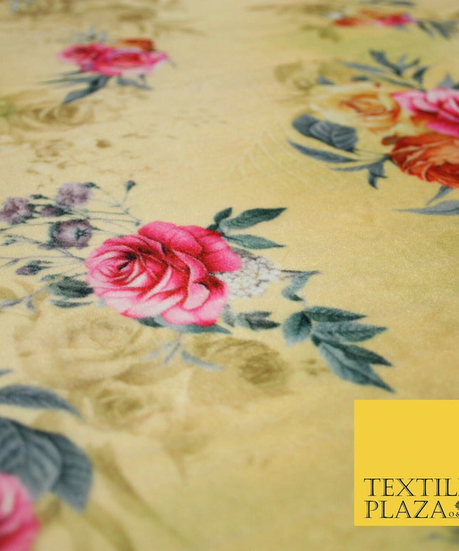 Lemon Gold Floral Printed Soft Micro Velvet Velour Non Stretch Fabric Dress 5246