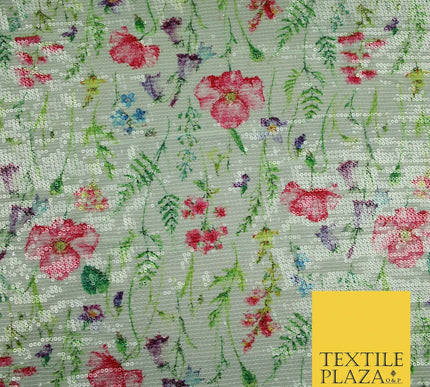 Mint Green Floral Digital Print Soft Georgette All Over Sequin Fabric 43" 5254