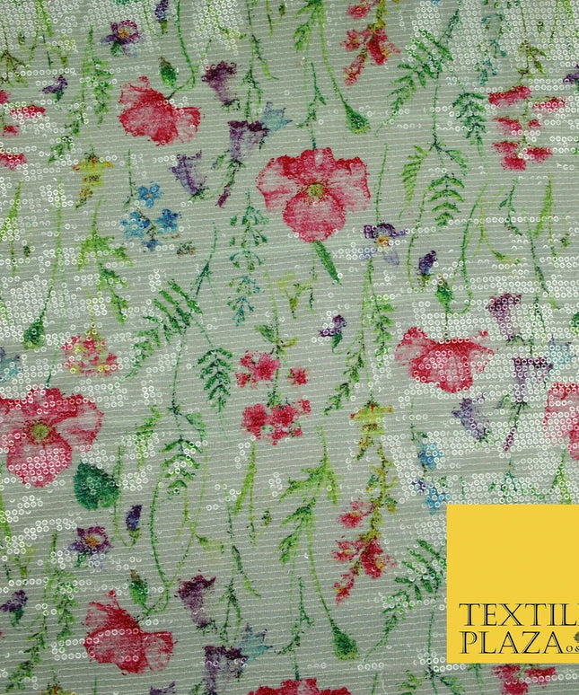 Mint Green Floral Digital Print Soft Georgette All Over Sequin Fabric 43" 5254