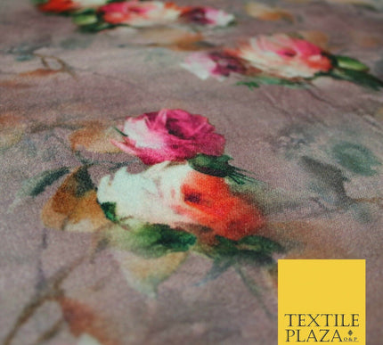 Dusty Floral Roses Printed Soft Micro Velvet Velour Non Stretch Fabric Dress5247