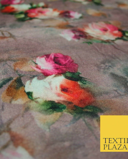 Dusty Floral Roses Printed Soft Micro Velvet Velour Non Stretch Fabric Dress5247