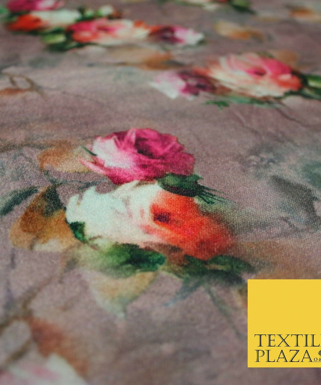 Dusty Floral Roses Printed Soft Micro Velvet Velour Non Stretch Fabric Dress5247