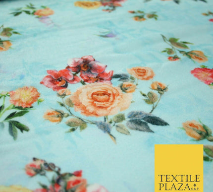 Light Blue Floral Printed Soft Micro Velvet Velour Non Stretch Fabric Dress 5243