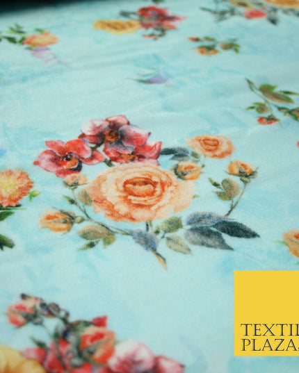 Light Blue Floral Printed Soft Micro Velvet Velour Non Stretch Fabric Dress 5243