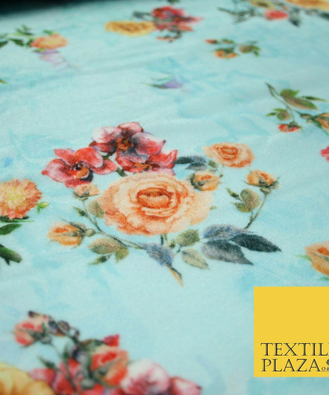 Light Blue Floral Printed Soft Micro Velvet Velour Non Stretch Fabric Dress 5243