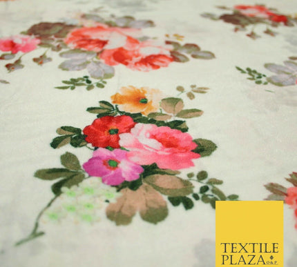 Ivory Cream Floral Printed Soft Micro Velvet Velour Non Stretch Fabric Dress5250