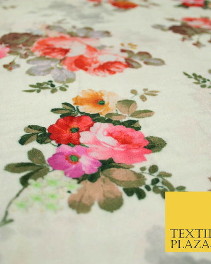 Ivory Cream Floral Printed Soft Micro Velvet Velour Non Stretch Fabric Dress5250