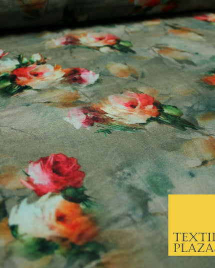 Floral Roses Printed Soft Micro Velvet Velour Non Stretch Fabric Dress 43" 5242