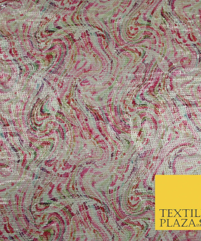 Pink Wacky Artsy Digital Print Soft Georgette All Over Sequin Fabric 44" 5253