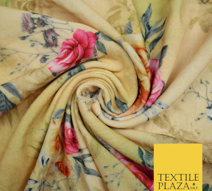 Lemon Gold Floral Printed Soft Micro Velvet Velour Non Stretch Fabric Dress 5246