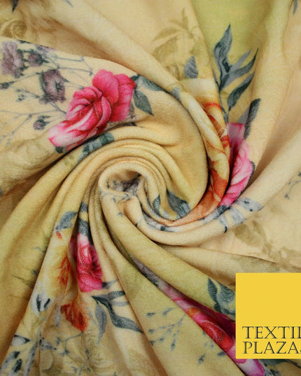 Lemon Gold Floral Printed Soft Micro Velvet Velour Non Stretch Fabric Dress 5246