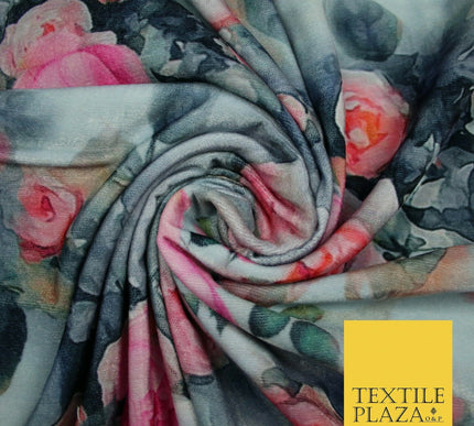 Silver Pink Floral Printed Soft Micro Velvet Velour Non Stretch Fabric Dress5245