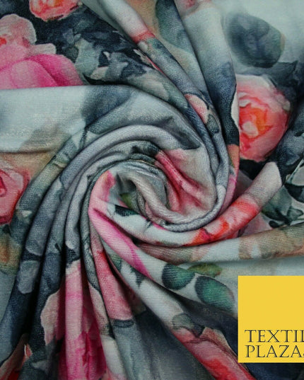 Silver Pink Floral Printed Soft Micro Velvet Velour Non Stretch Fabric Dress5245