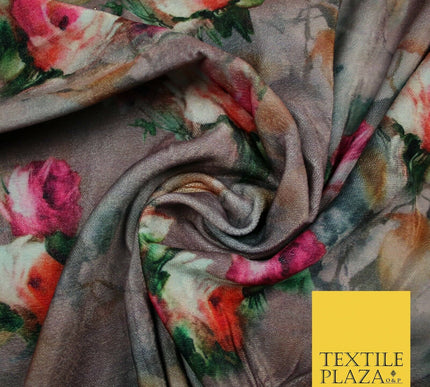Dusty Floral Roses Printed Soft Micro Velvet Velour Non Stretch Fabric Dress5247