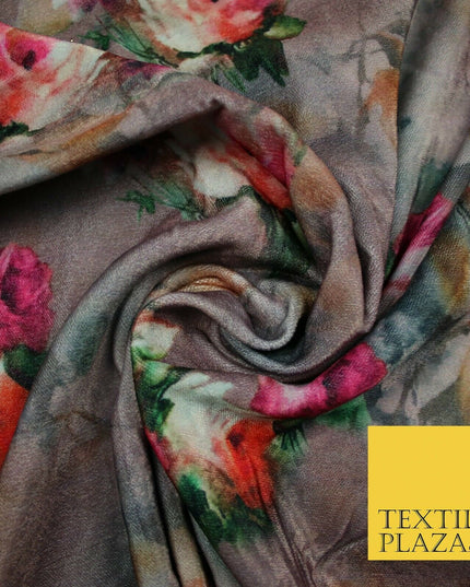 Dusty Floral Roses Printed Soft Micro Velvet Velour Non Stretch Fabric Dress5247