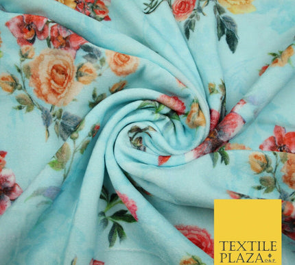 Light Blue Floral Printed Soft Micro Velvet Velour Non Stretch Fabric Dress 5243