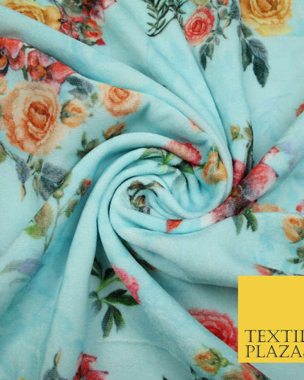 Light Blue Floral Printed Soft Micro Velvet Velour Non Stretch Fabric Dress 5243