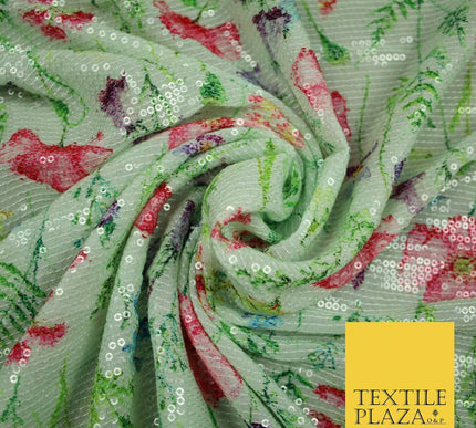 Mint Green Floral Digital Print Soft Georgette All Over Sequin Fabric 43" 5254