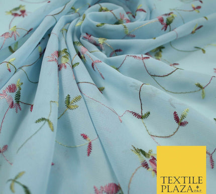 Sky Blue Floral Multi Thread Embroidered Georgette Dress Fabric Fancy 55" 5279