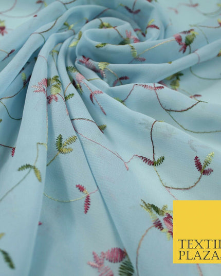 Sky Blue Floral Multi Thread Embroidered Georgette Dress Fabric Fancy 55" 5279