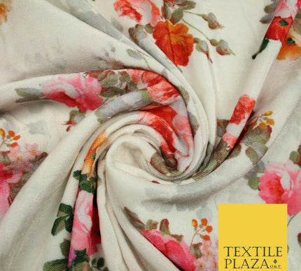 Ivory Cream Floral Printed Soft Micro Velvet Velour Non Stretch Fabric Dress5250