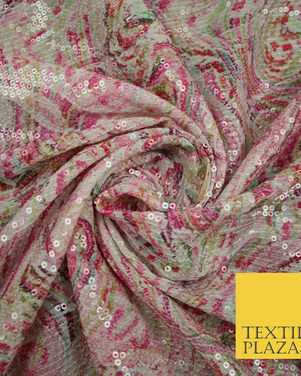 Pink Wacky Artsy Digital Print Soft Georgette All Over Sequin Fabric 44" 5253