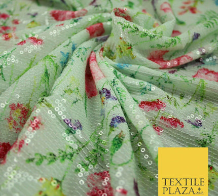 Mint Green Floral Digital Print Soft Georgette All Over Sequin Fabric 43" 5254