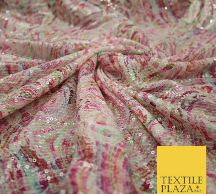 Pink Wacky Artsy Digital Print Soft Georgette All Over Sequin Fabric 44" 5253