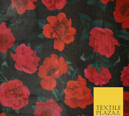 Black Red Pink Large Falling Roses Print Power Mesh Net Stretch Dress Fabric5310