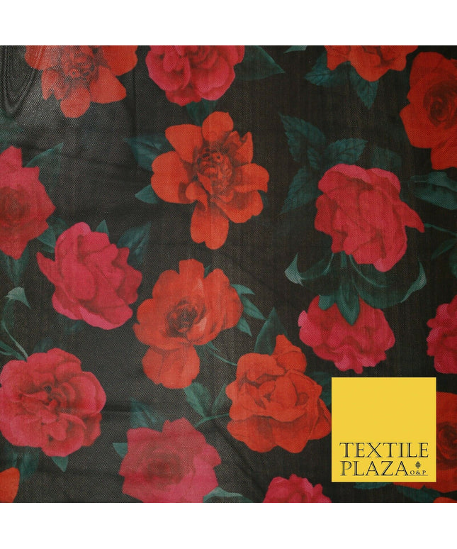 Black Red Pink Large Falling Roses Print Power Mesh Net Stretch Dress Fabric5310