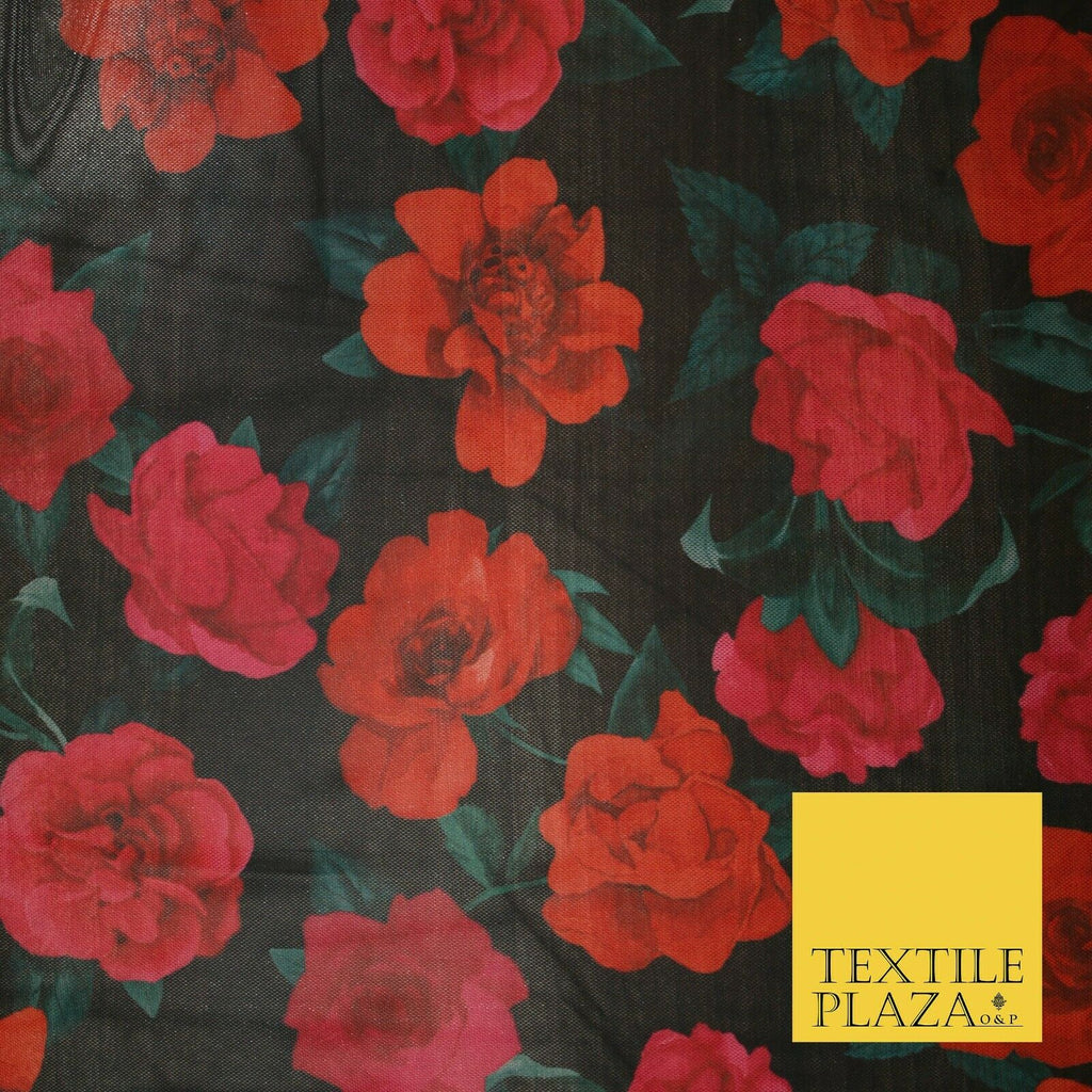Black Red Pink Large Falling Roses Print Power Mesh Net Stretch Dress Fabric5310