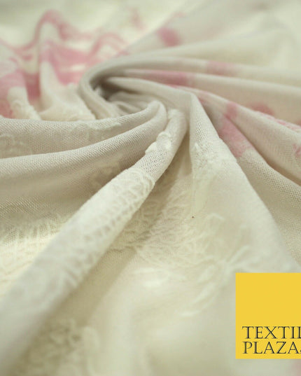 Beige Pink Tie Dye Flocked Floral Knit Power Mesh Net Stretch Dress Fabric 5313