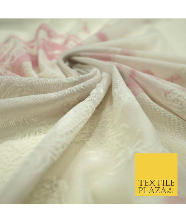 Beige Pink Tie Dye Flocked Floral Knit Power Mesh Net Stretch Dress Fabric 5313