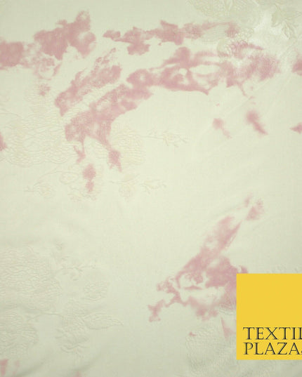 Beige Pink Tie Dye Flocked Floral Knit Power Mesh Net Stretch Dress Fabric 5313