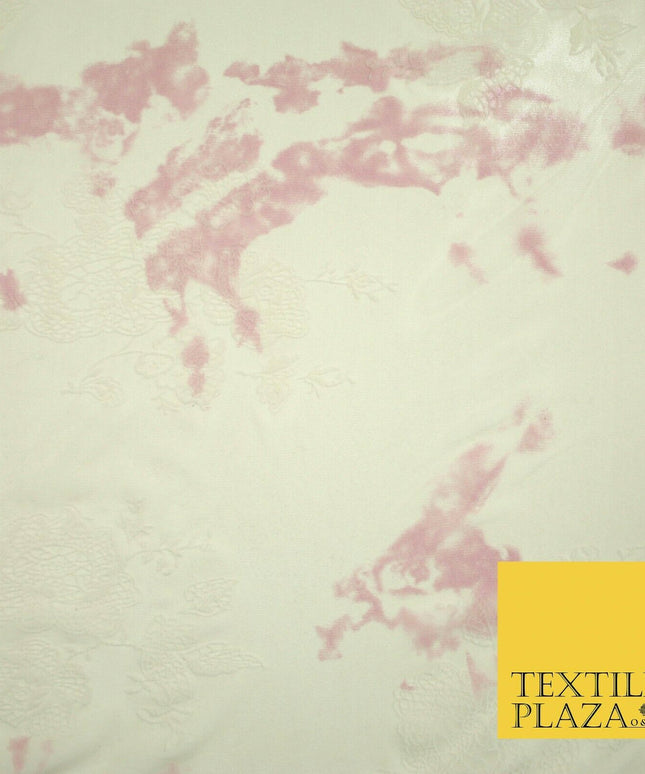 Beige Pink Tie Dye Flocked Floral Knit Power Mesh Net Stretch Dress Fabric 5313