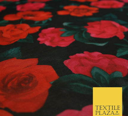 Black Red Pink Large Falling Roses Print Power Mesh Net Stretch Dress Fabric5310