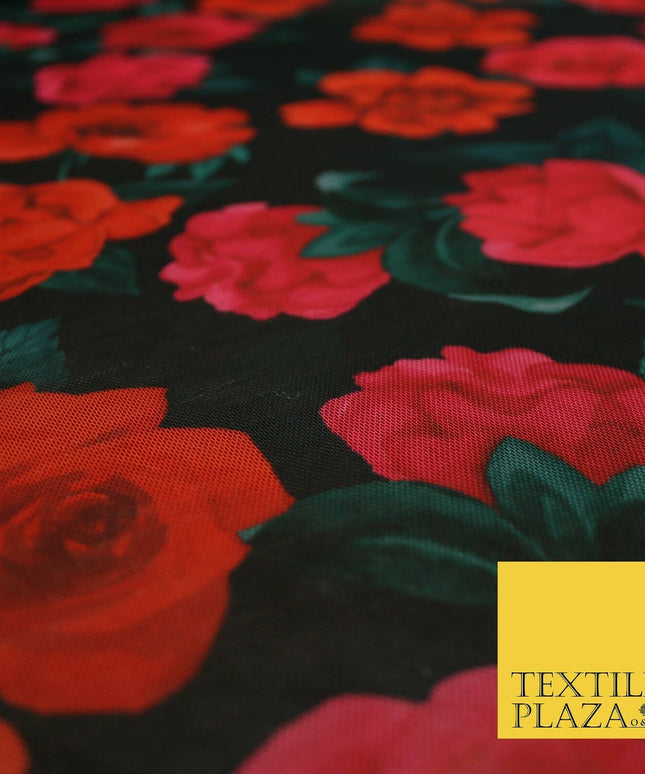 Black Red Pink Large Falling Roses Print Power Mesh Net Stretch Dress Fabric5310