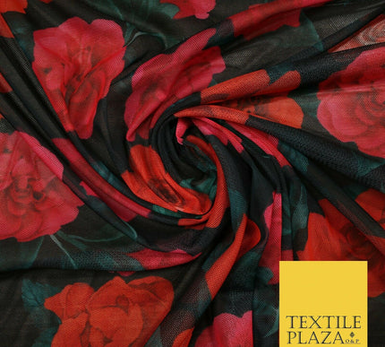 Black Red Pink Large Falling Roses Print Power Mesh Net Stretch Dress Fabric5310